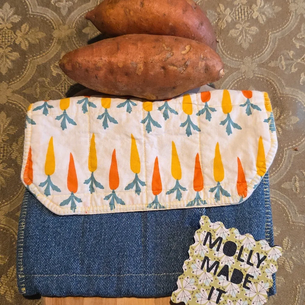 HAND CRAFTED Potato Pouch Microwave UPCYCLED Blue Denim Cotton Carrots 8.5 Inch